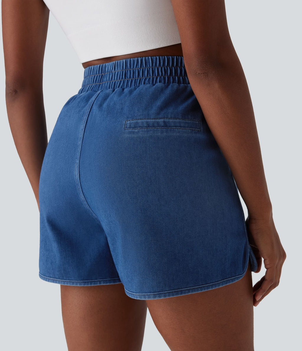 Short en jean extensible délavé Halara Flex™ taille haute avec ourlet arrondi fendu effet frais InstantCool et poches