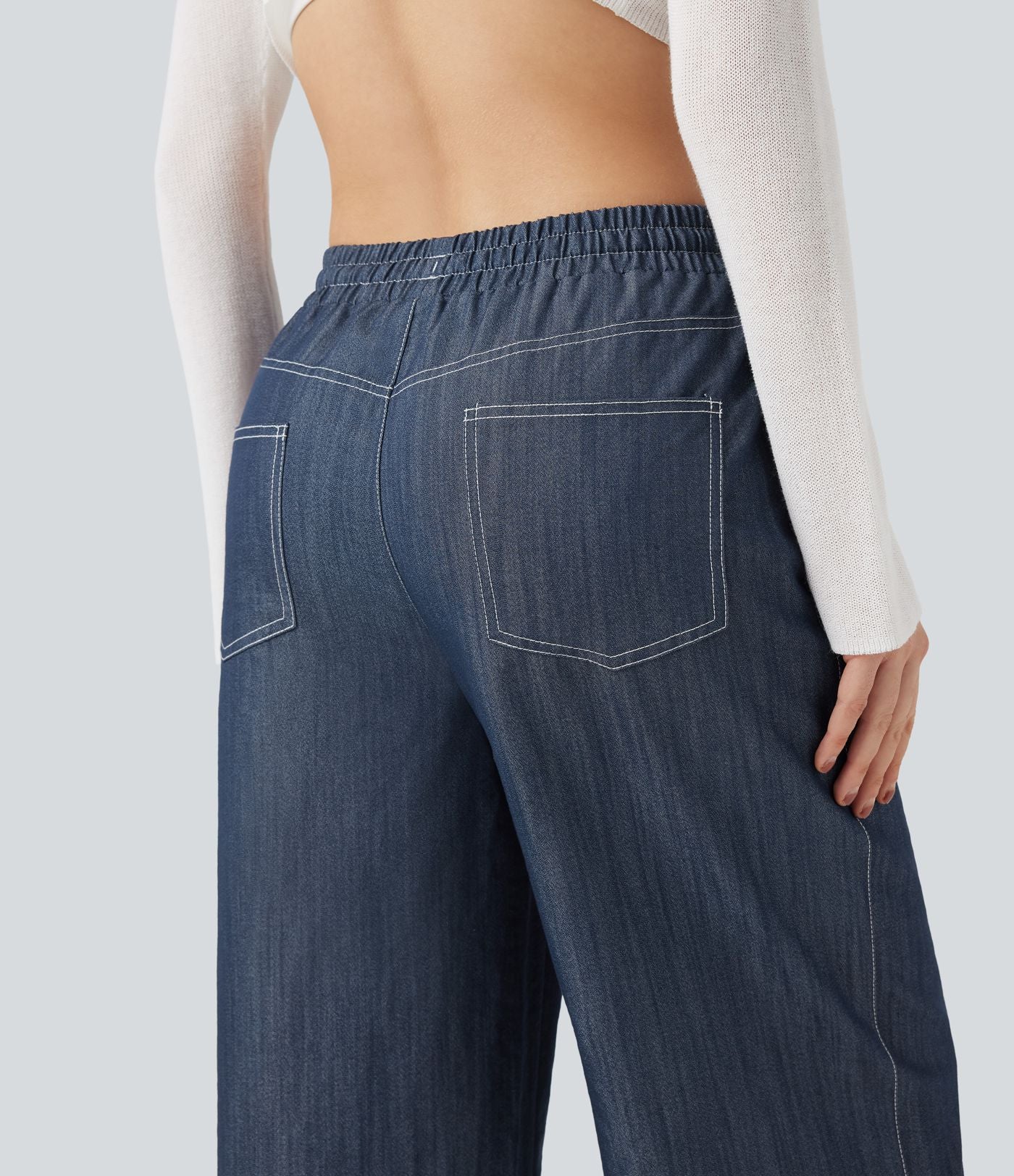 Pantalon décontracté large effet lin taille haute infroissable avec cordon et poches