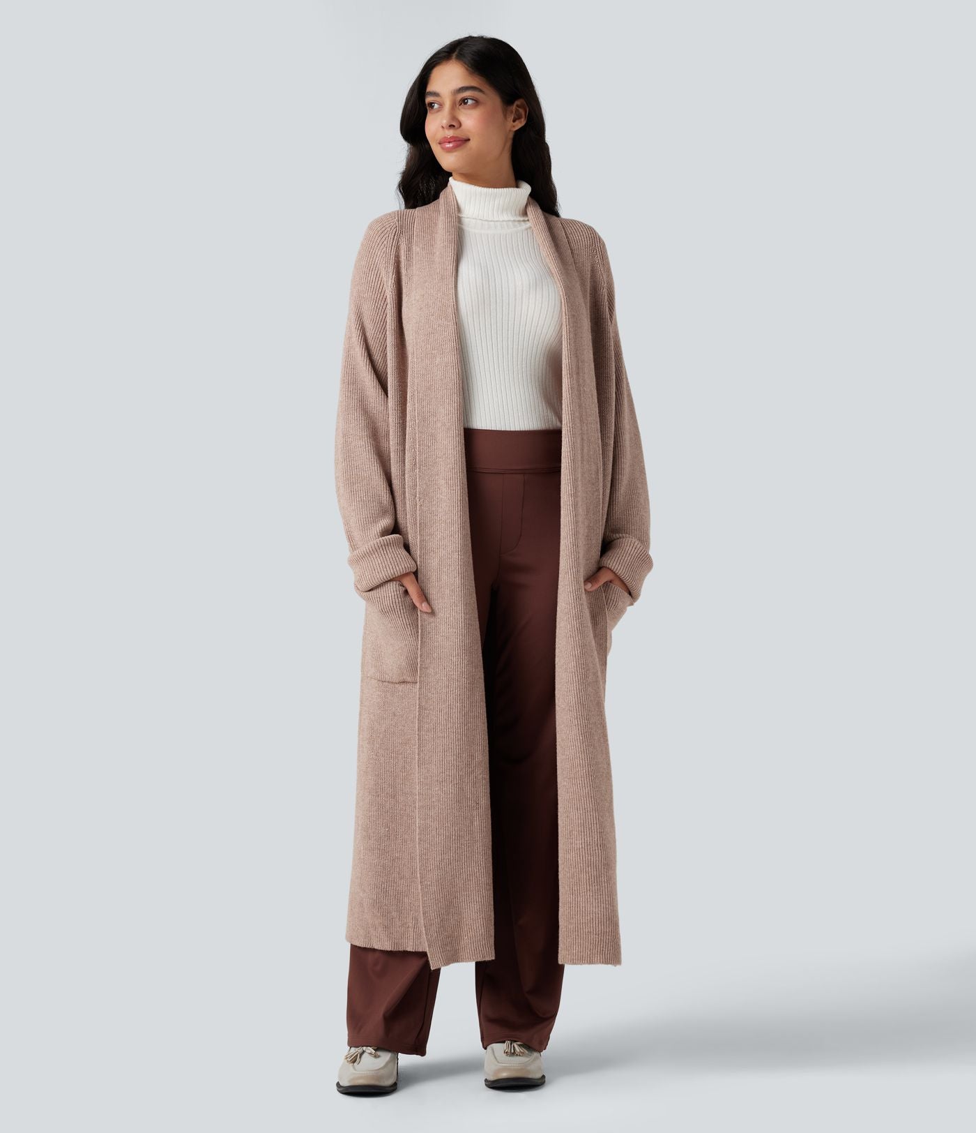 Cardigan long tailleur manches longues avec poches