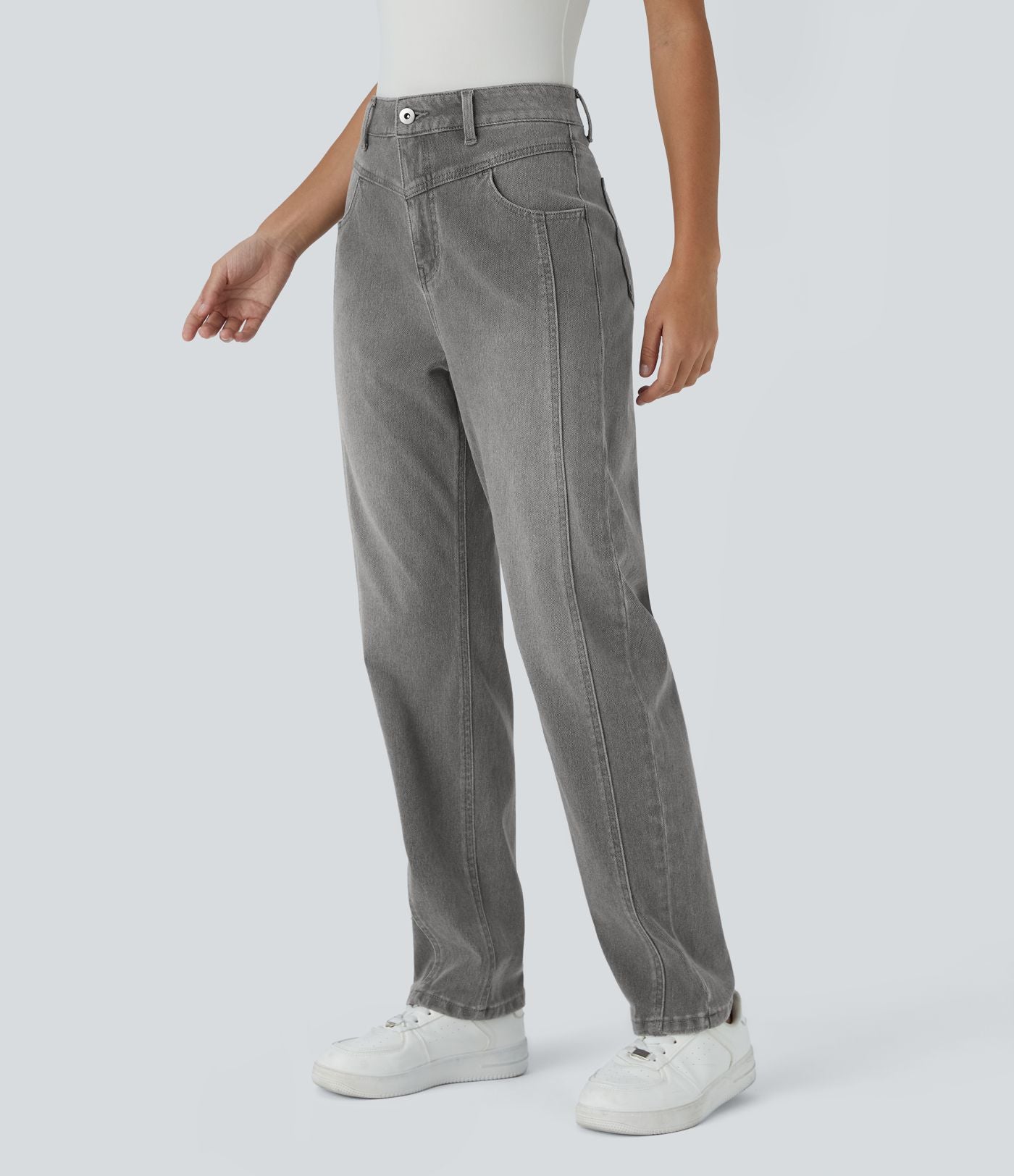 Jean décontracté Halara Flex™ taille haute extensible en maille avec bouton, fermeture éclair, poches multiples et effet délavé