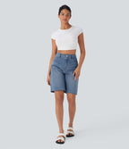 Bermuda en jean délavé Halara Flex™ taille haute à poches multiples