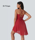 Robe de sport danse mini 2-en-1 laçage asymétrique résille contrastante fluide avec poche E-G