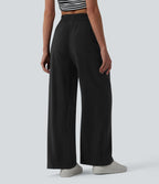 Pantalon casual large fluide mélange lin taille haute avec cordon de serrage et poches