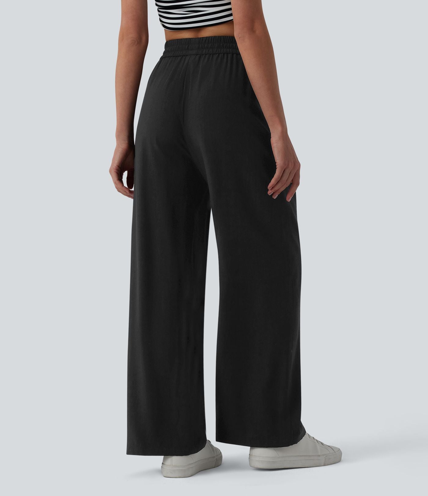 Pantalon casual large mélange lin taille haute avec cordon de serrage et poches