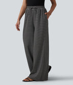 Pantalon large fluide décontracté taille haute rayé en maille côtelée avec cordon de serrage et poches