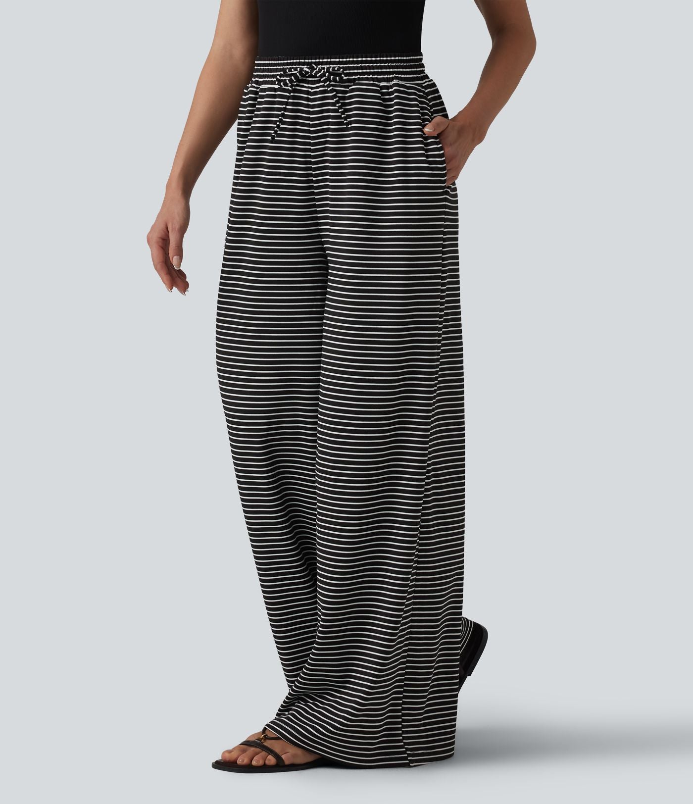 Pantalon large fluide décontracté taille haute rayé en maille côtelée avec cordon de serrage et poches