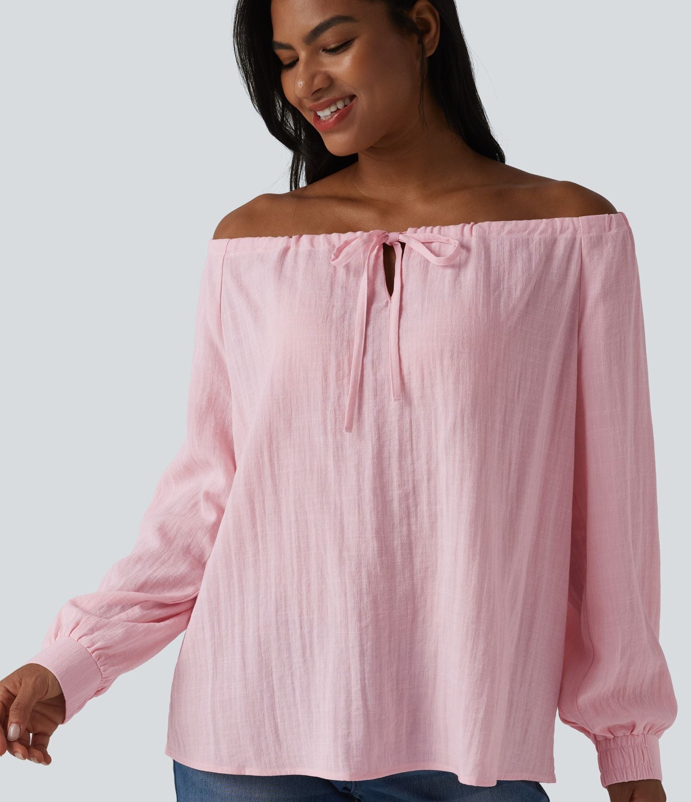 Blouse casual oversize aspect lin à épaules dénudées, lien noué et manches longues