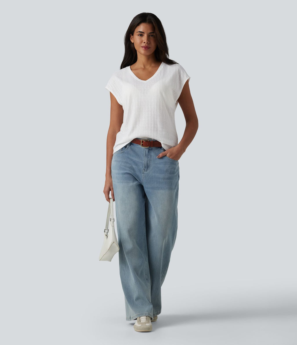 T-shirt casual jacquard col V à manches courtes