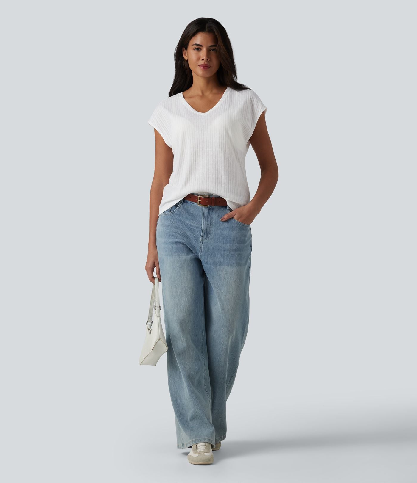 T-shirt casual jacquard col V à manches courtes