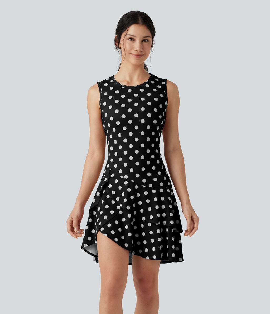 Robe mini casual à pois col rond sans manches ourlet à volants superposés
