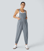 Salopette Casual Bretelles Ajustables Boutonnés Multiples Poches Plis et Tissu Gaufré