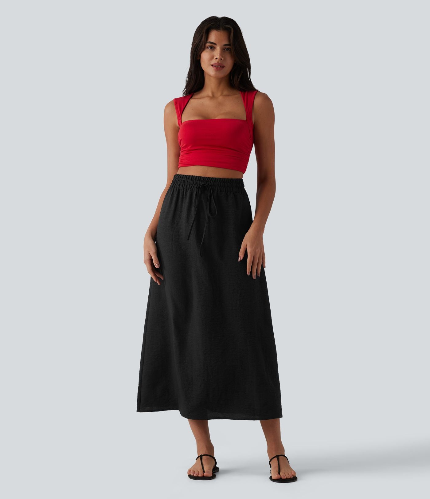 Jupe longue casual aspect lin taille haute avec cordon de serrage