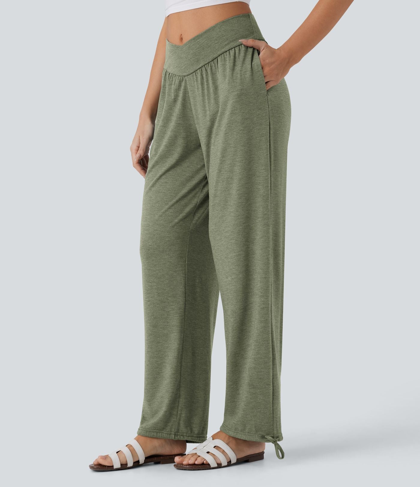 Pantalon de jogging décontracté à taille haute croisée avec poches latérales et cordon de serrage