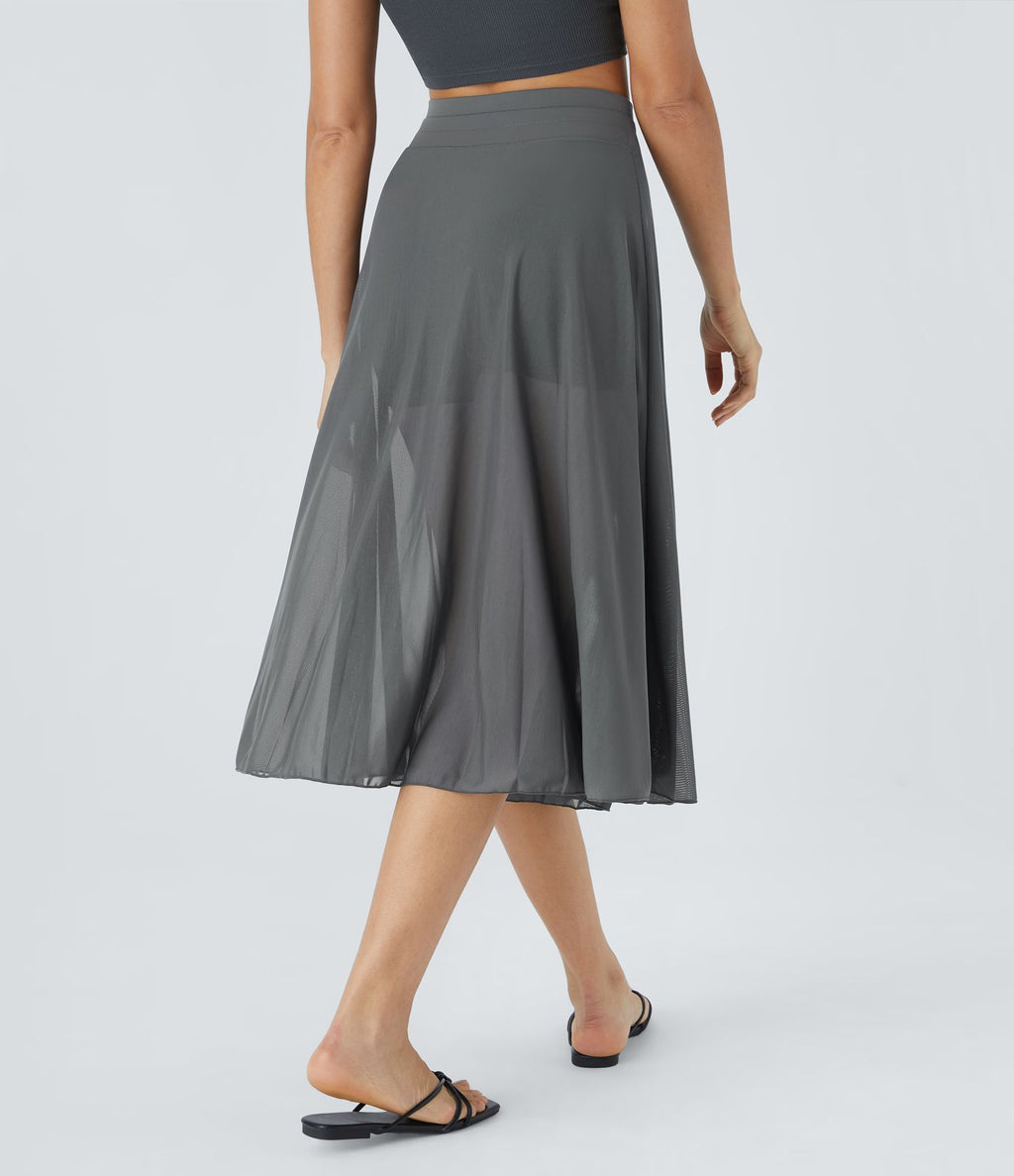 Jupe Casual Évasée Mesh Mi-Longue Fuide 2 en 1 Contrastée Taille Haute Cordon Poche Latérale