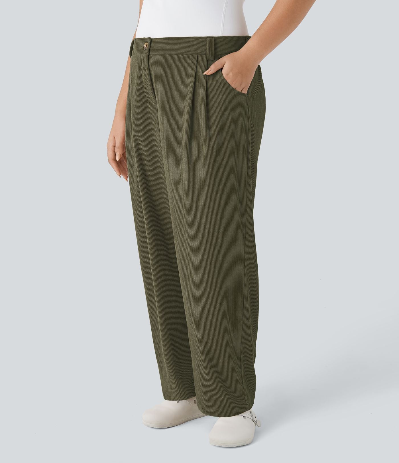Pantalon Casual Grande Taille Velours Côtelé Taille Mi-haute Boutonnés Fermeture Éclair Poches Latérales