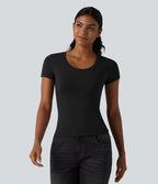 Halara T-shirt en jersey de coton col rond échancré manches courtes avec soutien-gorge intégré bonnets B-DD