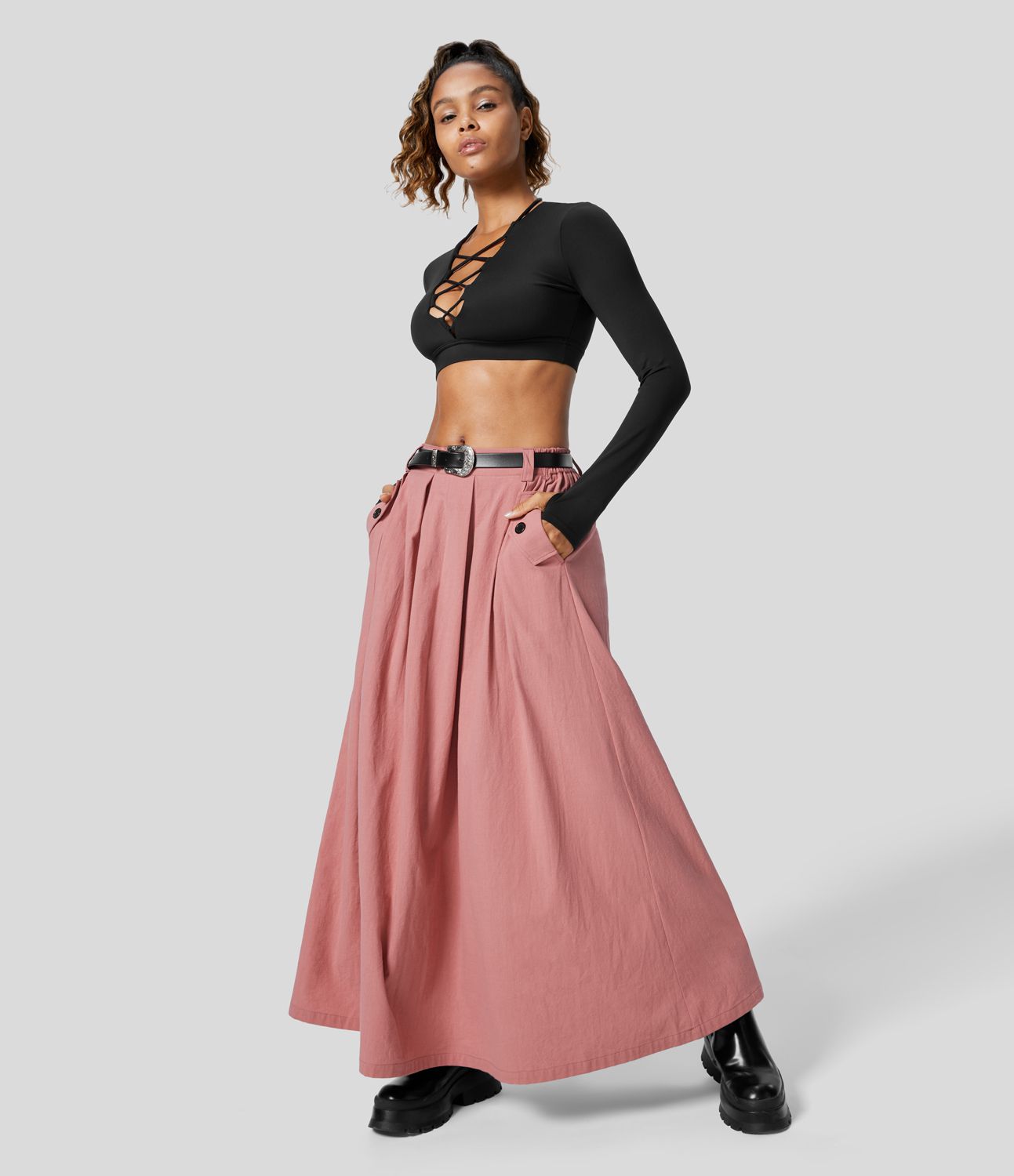 Jupe Casual Maxi Évasée à Taille Haute avec Plis et Poches Latérales Effet Lin