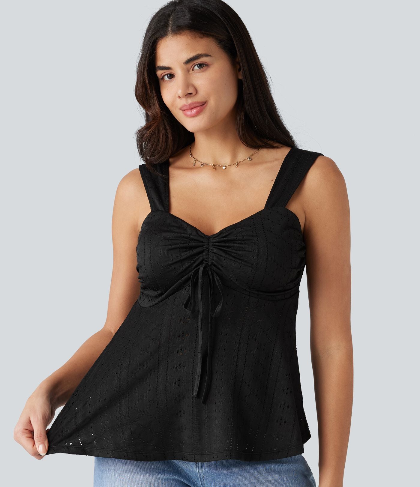 Débardeur décontracté froncé avec cordon de serrage, broderie anglaise et soutien-gorge intégré