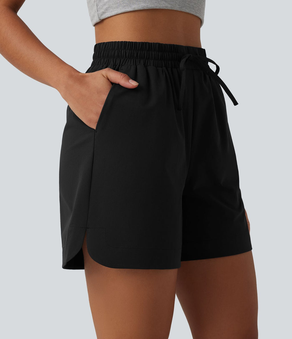 Short ample décontracté taille haute avec cordon de serrage ourlet arrondi avec poches