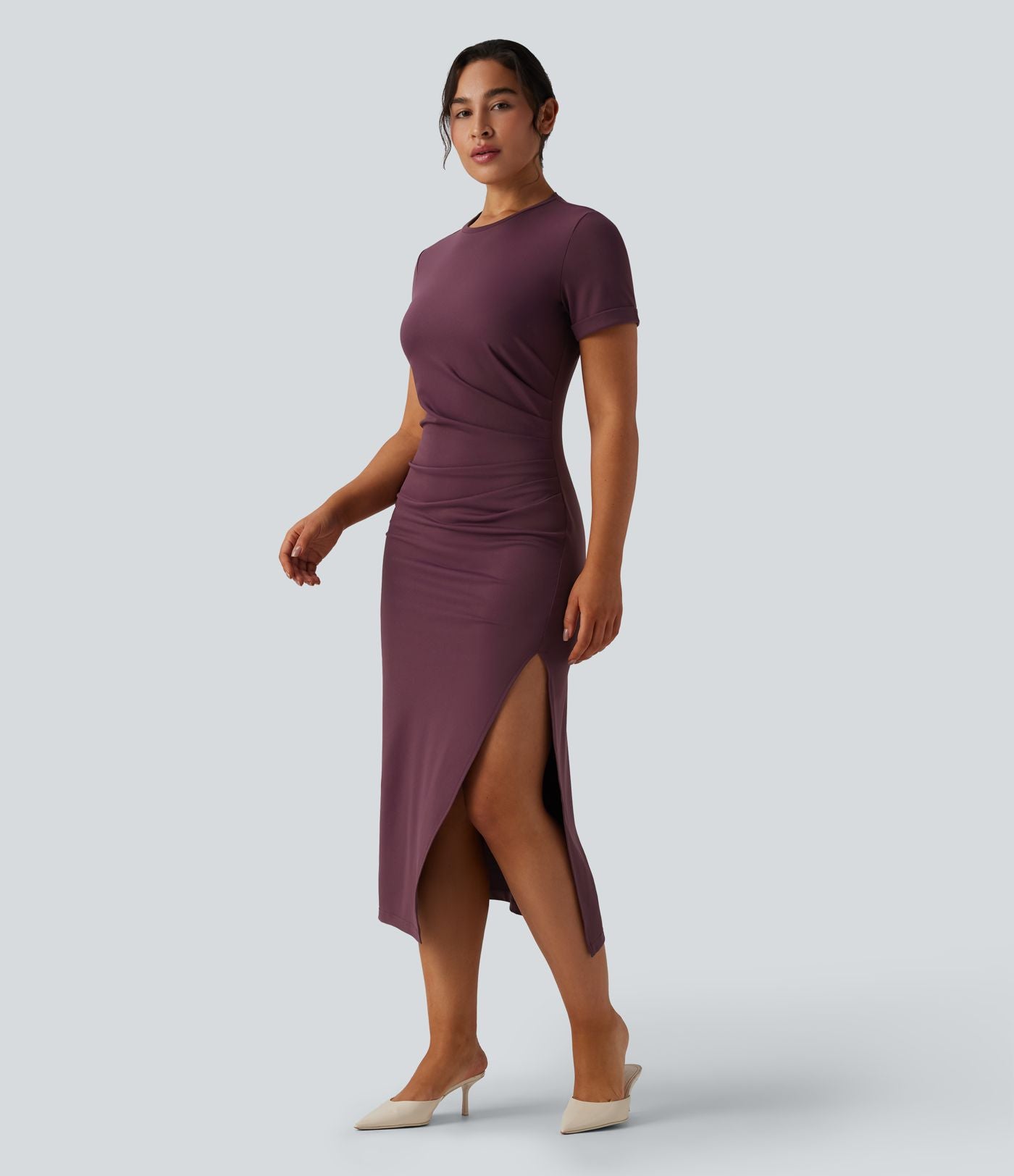 Robe midi décontractée col rond manches courtes