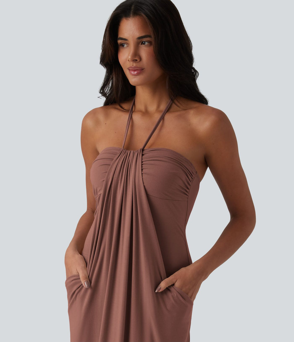 Robe longue dos nu col licou avec nœud et poches