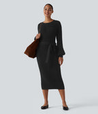Robe pull midi casual col rond à manches longues, ceinturée