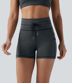 Short cycliste de yoga taille haute à rayures avec cordon de serrage 7,5 cm et poches