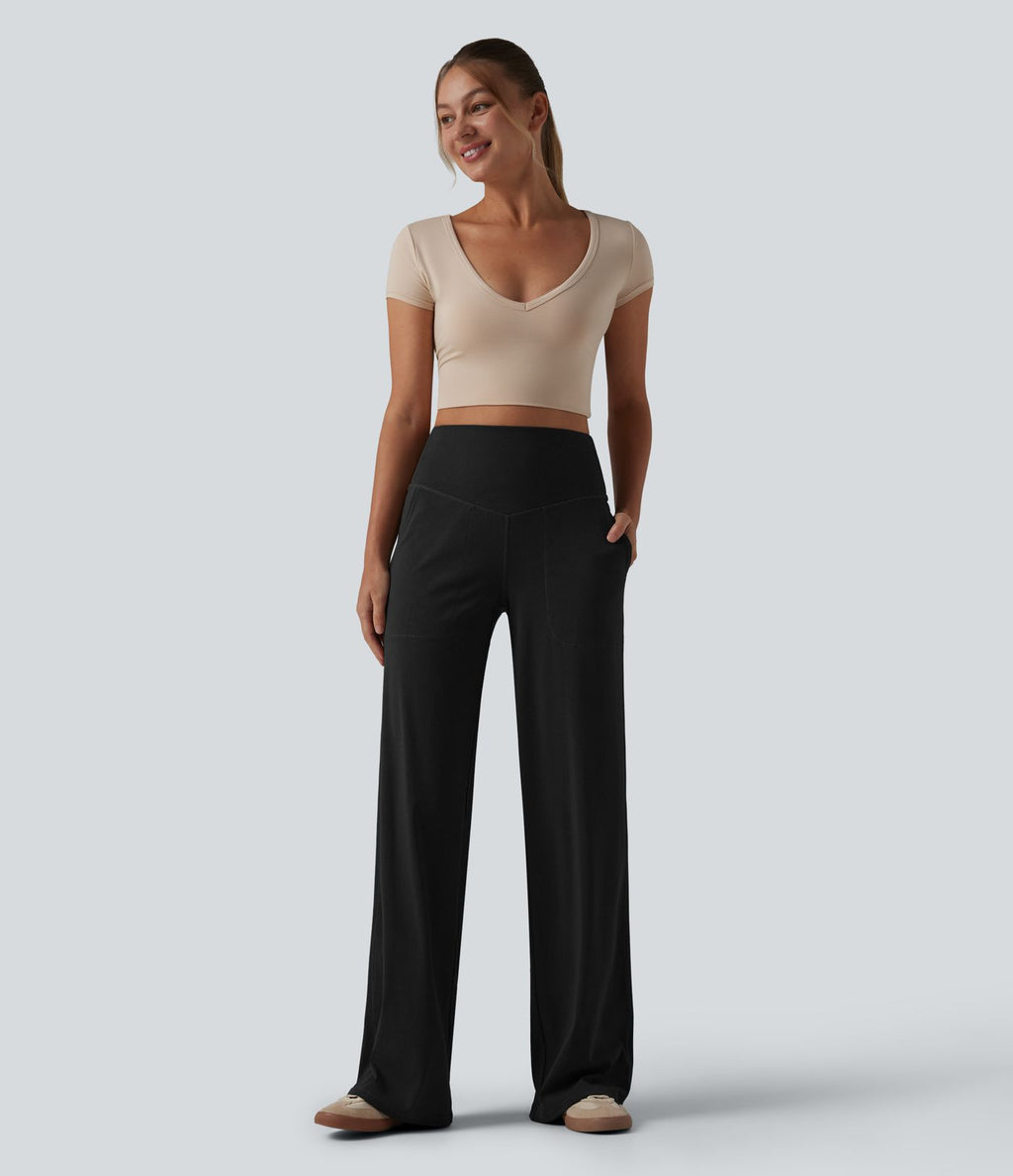 Pantalon large décontracté taille haute ventre plat en maille côtelée avec poches