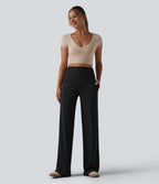 Pantalon large décontracté taille haute ventre plat en maille côtelée avec poches