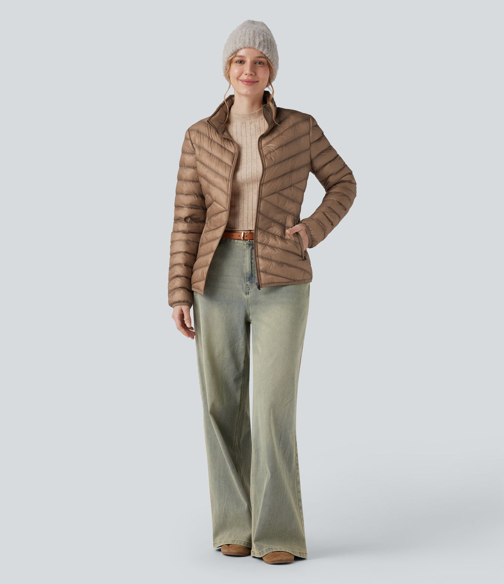 Veste casual compactable en duvet synthétique zippée à col montant et manches longues avec poches