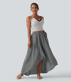 Jupe mi-longue décontractée fluide asymétrique taille haute à carreaux aspect lin avec poches