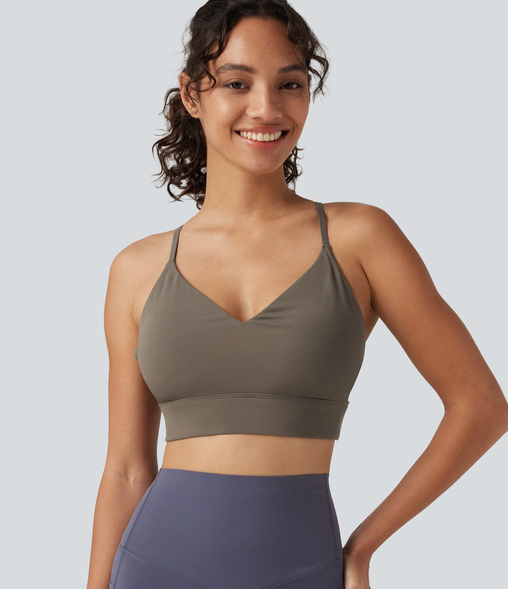 Brassière de yoga côtelée maintien léger à col V avec bretelles croisées et coussinets amovibles