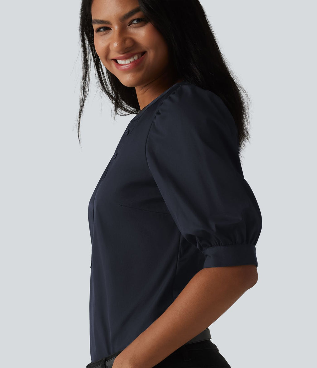 Blouse décontractée col Henley manches bouffantes mi-longues