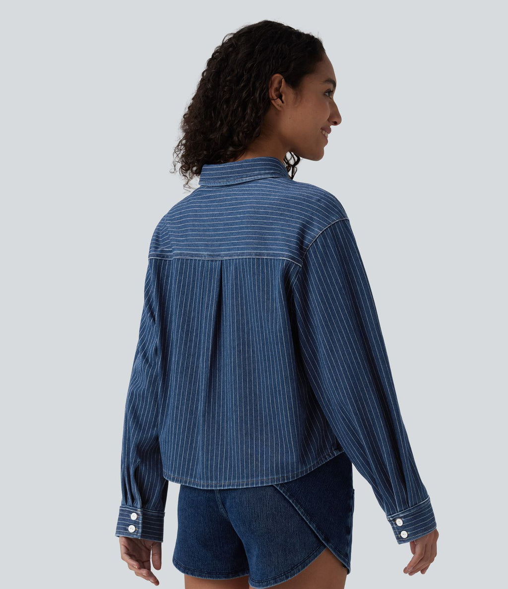 Halara Flex™ Chemise casual rayée en denim à manches longues avec poche
