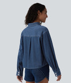 Halara Flex™ Chemise casual rayée en denim à manches longues avec poche