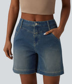 Short denim ample décontracté Halara Flex™ délavé taille mi-haute ourlet roulotté avec poches