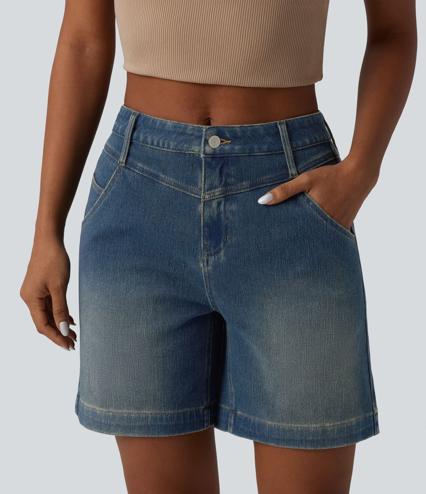 Short denim ample décontracté Halara Flex™ délavé taille mi-haute ourlet roulotté avec poches