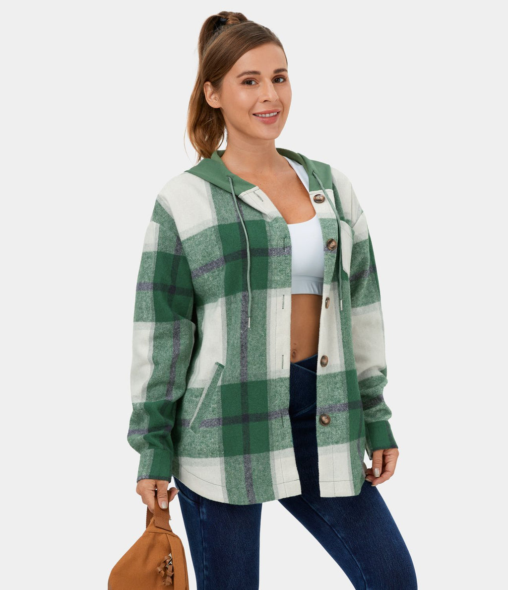 Veste de Casual à Carreaux en Polaire à Capuche avec Cordon de Serrage Boutons et Poches Latérales