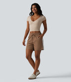 Short ample décontracté à taille mi-haute, cordon de serrage, rayures color block, imprimé léopard contrastant, 12,5 cm, avec poches