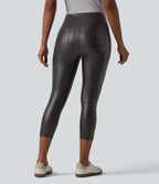 Legging corsaire taille haute ventre plat en similicuir extensible avec poches