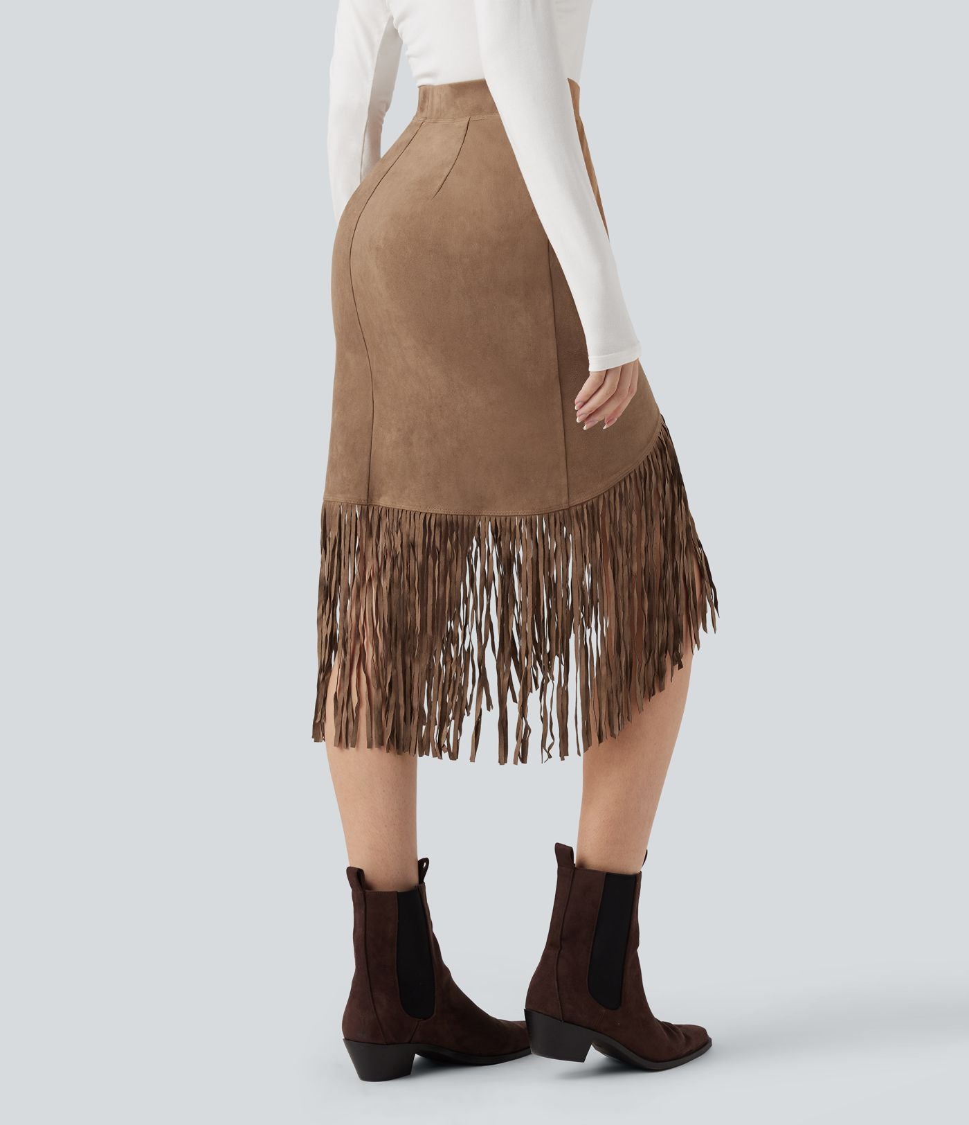 Jupe midi de soirée effet daim taille haute à franges