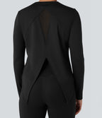 Top de sport running col rond mesh contrastant liens dans le dos manches longues