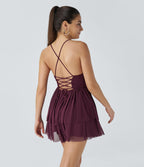 Robe Soirée Mini Superpositions en Maille avec Dos Nu Croisé Lacets