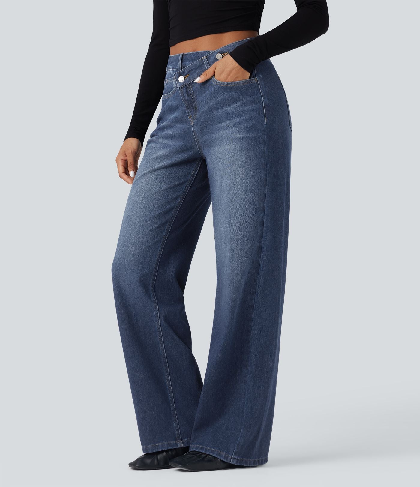 Jean baggy asymétrique Halara Flex™ taille haute effet délavé avec poches