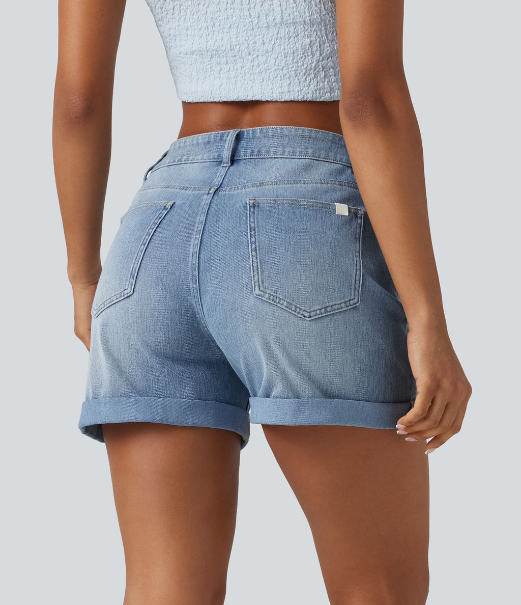 Short denim décontracté Halara Flex™ asymétrique délavé taille haute ourlet roulotté avec poches