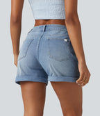 Short denim décontracté Halara Flex™ asymétrique délavé taille haute ourlet roulotté avec poches