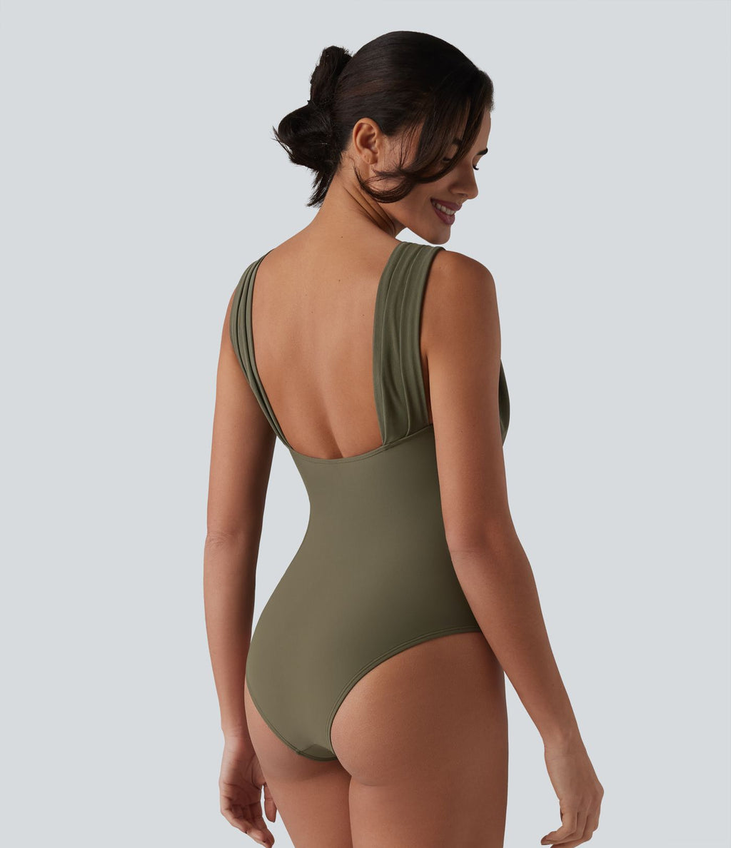 Maillot de bain une pièce col V sans manches ventre plat soutien-gorge intégré