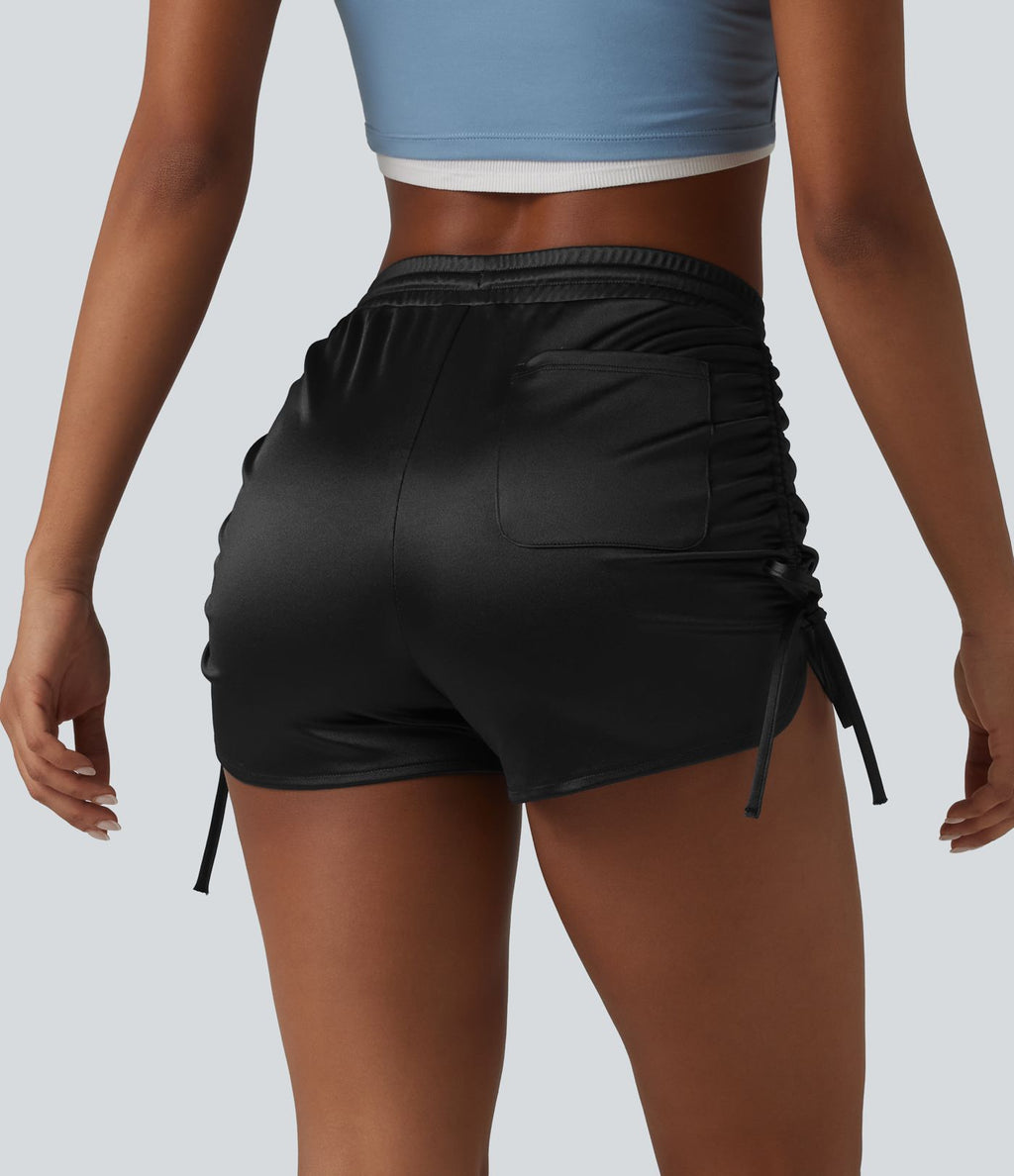 Short décontracté satiné taille haute avec cordon de serrage froncé et poche