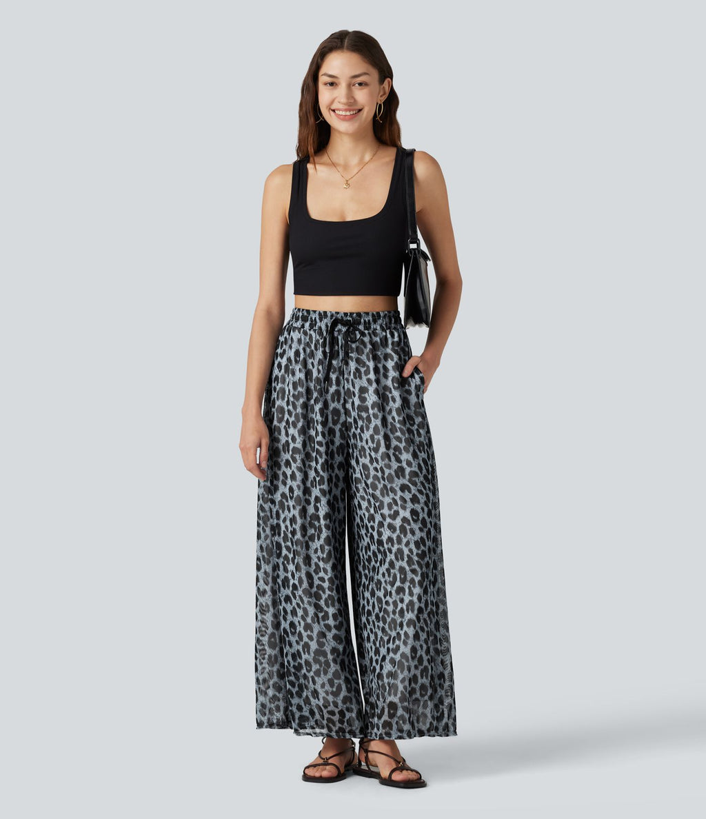 Pantalon léopard décontracté taille haute à cordon de serrage, coupe ample, en maille transparente avec poches