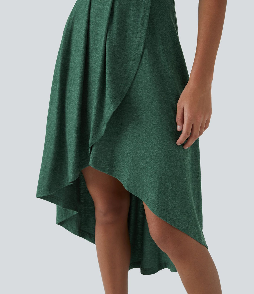 Robe Mi-Longue Plissée Décolleté Plongeant Sans Manches Haut Bas Ourlet Croisé